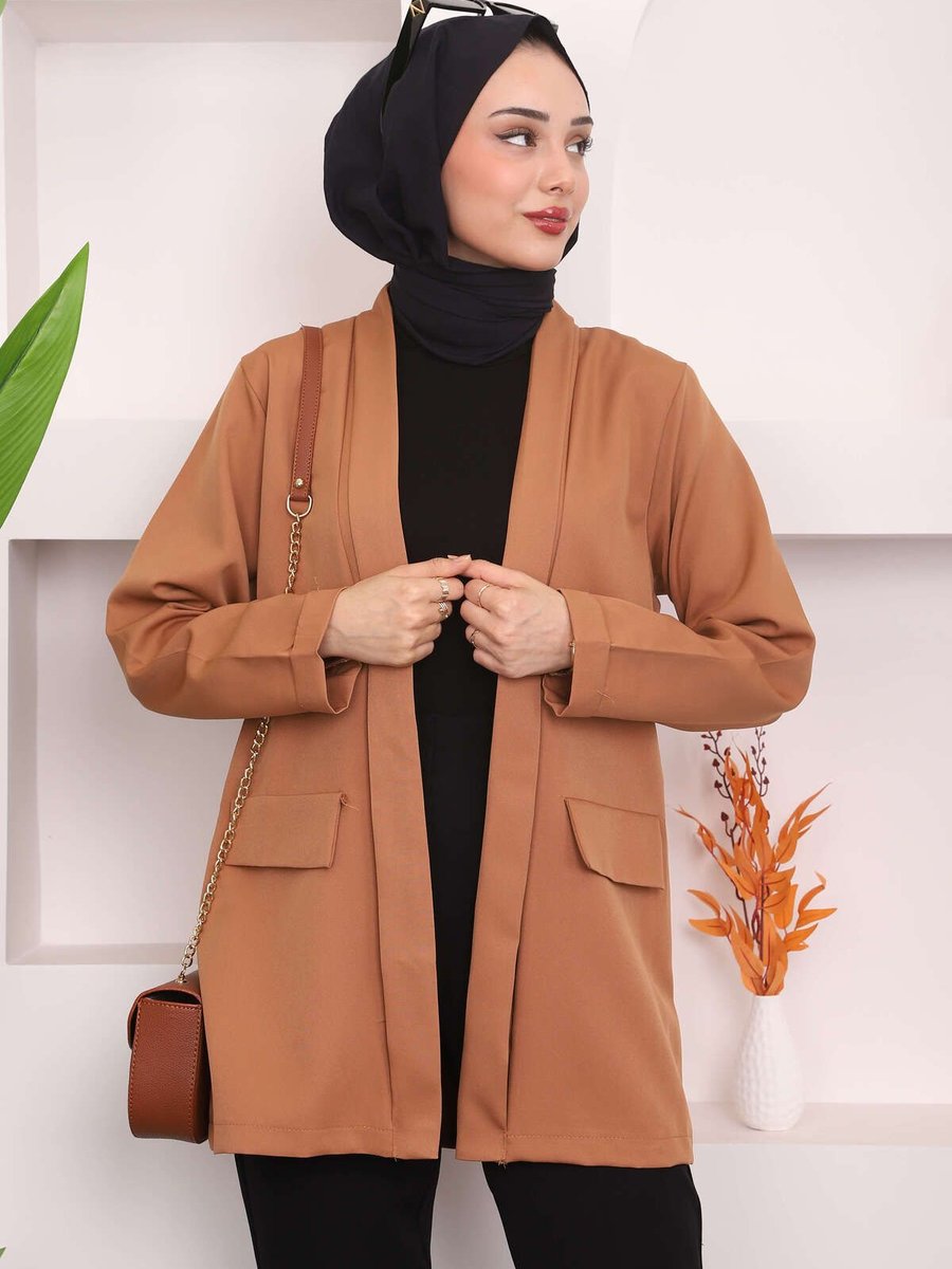 İmajbutik Camel Cep Kapaklı Krep Ceket