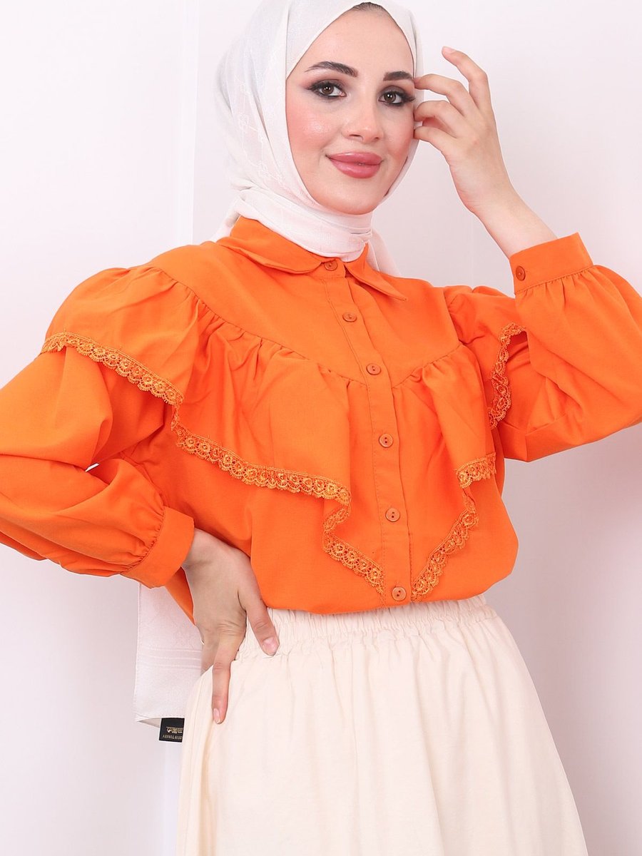 İmajbutik Orange Ön Katlı Güpürlü Gömlek