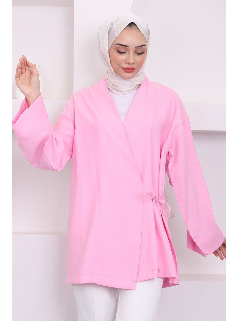 İmaj Butik Pembe Yan Bağlamalı Keten Kimono