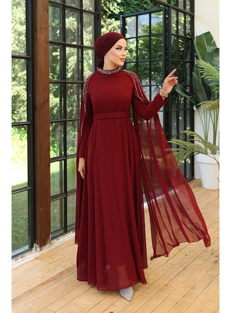 Hakimoda Bordo Laren Şifon Abiye Elbise