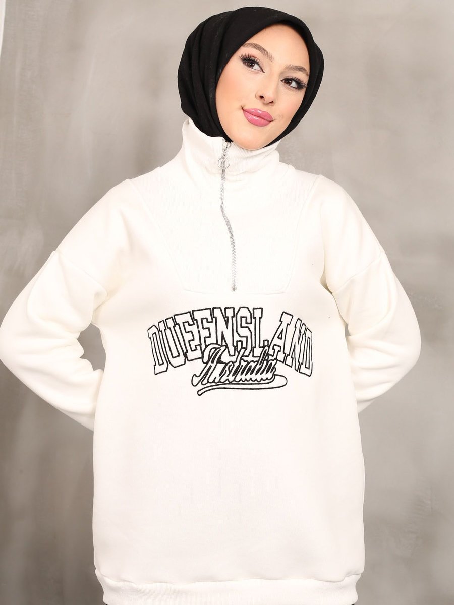 İmajbutik Krem Yaka Fermuarlı Üç İplik Şardonlu Sweatshirt