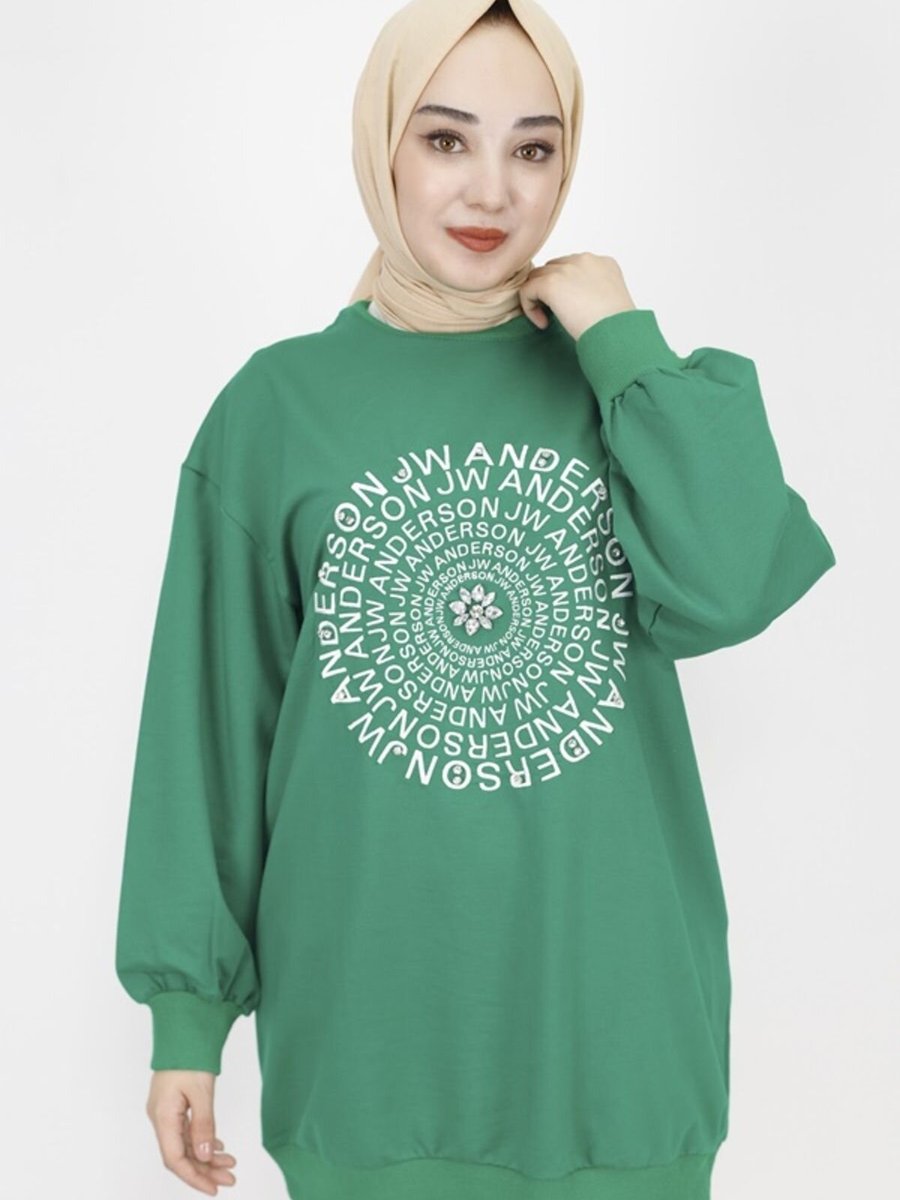 Butik Yeşil İp Kumaş Nakış Yazı Ve Taş Detaylı Sweatshirt