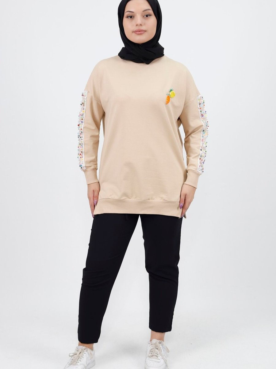 Butik Bej Kolları Nakış Detaylı İplik Sweatshirt