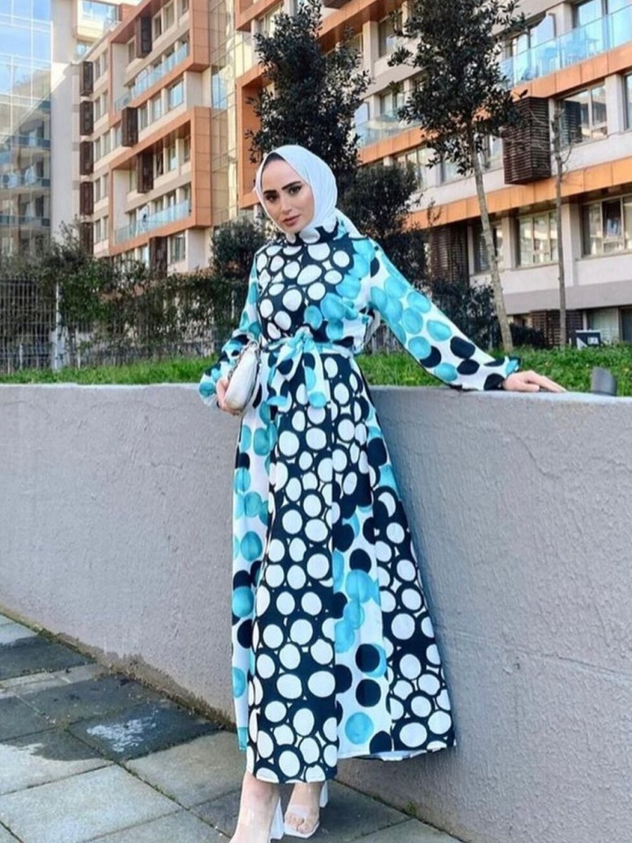 Trend Marfa Yeşil Puantiyeli Oversize Saten Elbise