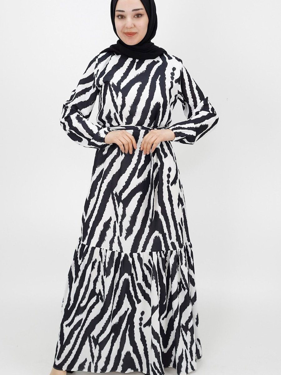 Butik Siyah Zebra Desenli Şifon Kumaş Elbise