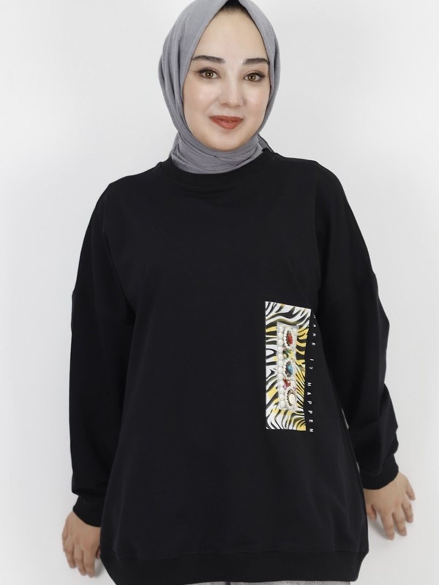 Butik Siyah İp Kumaş İnci Ve Baskı Detaylı Oversize Sweatshirt