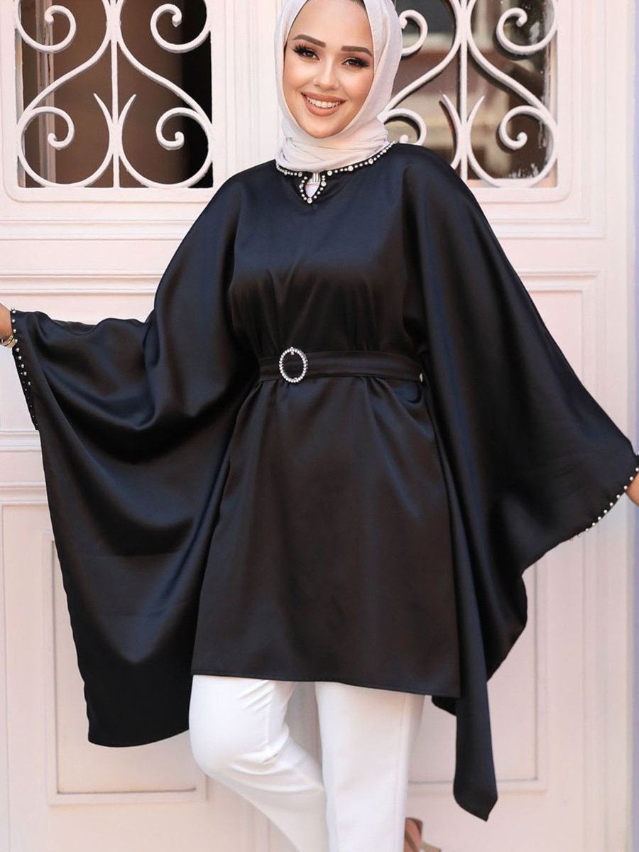 Neva Style Yarasa Kol Siyah Saten Tunik