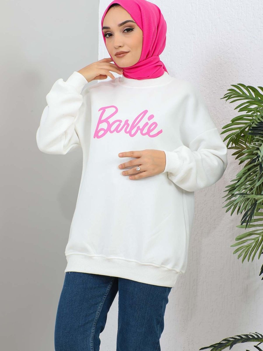 İmajbutik Krem Barbie Baskılı Üç Iplik Sweatshirt