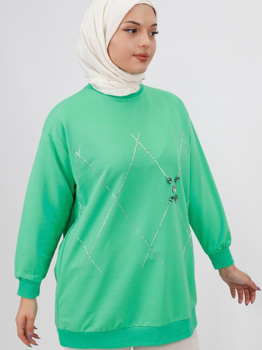 Butik Yeşil Taş Desenli İplik Sweatshirt