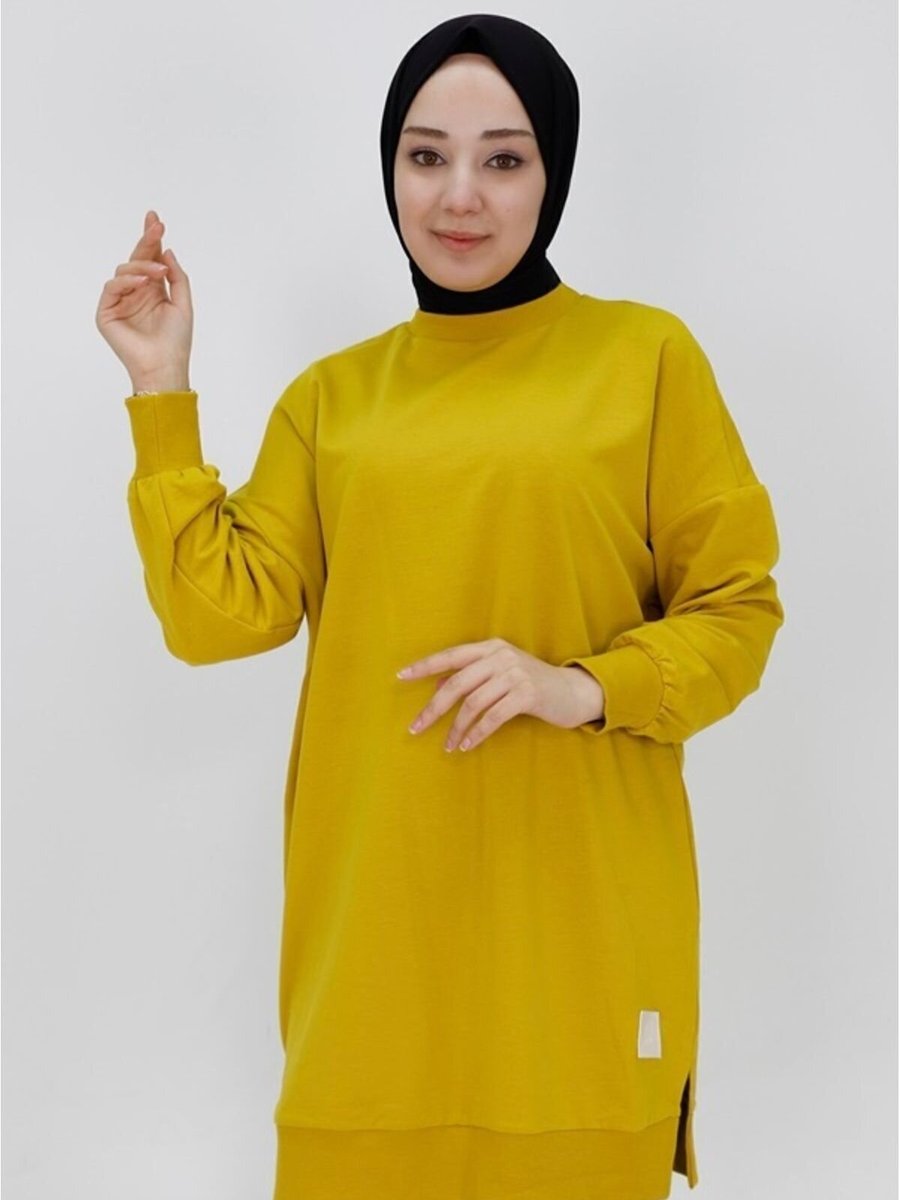 Puane Yağ Yeşili İki İp Kumaş Basic Tunik Sweatshirt