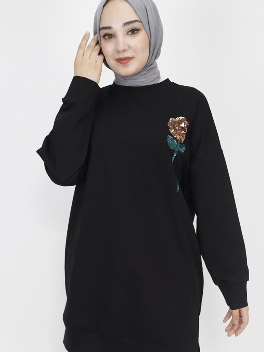 Butik Siyah İp Kumaş Pul İşleme Detaylı Sweatshirt