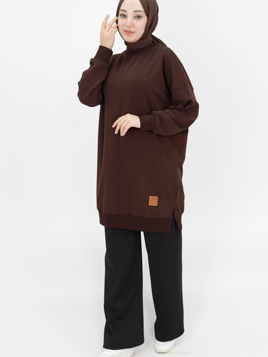 Puane Kahverengi İki İp Kumaş Basic Tunik Sweatshirt