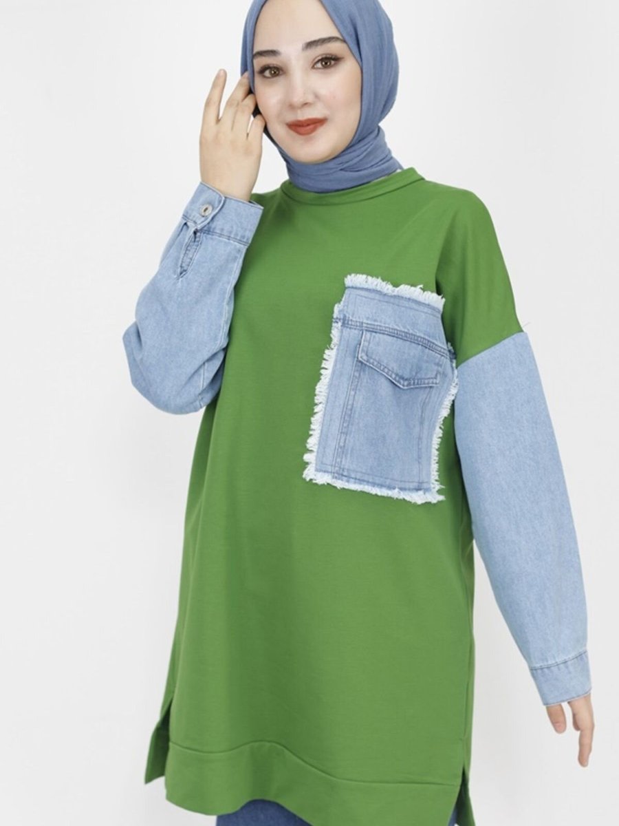 Butik Haki İp Kumaş Kot Cep Detaylı Sweatshirt