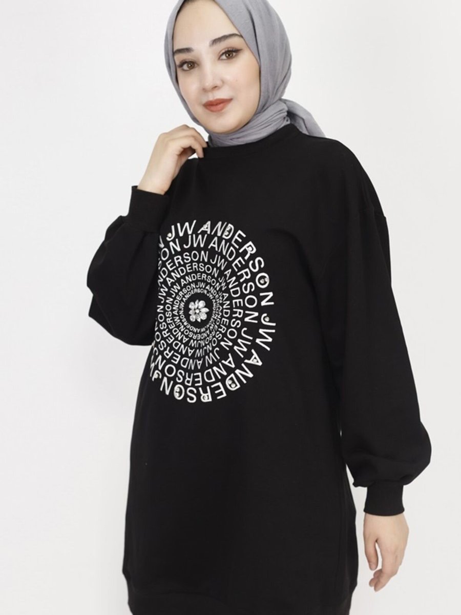 Butik Siyah İp Kumaş Nakış Yazı Ve Taş Detaylı Sweatshirt