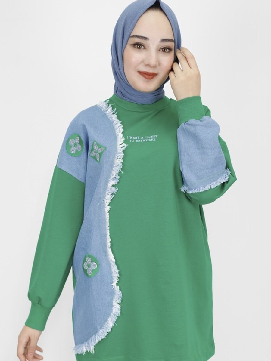 Butik Yeşil İp Kumaş Kot Garnili Ve Nakış Detaylı Sweatshirt