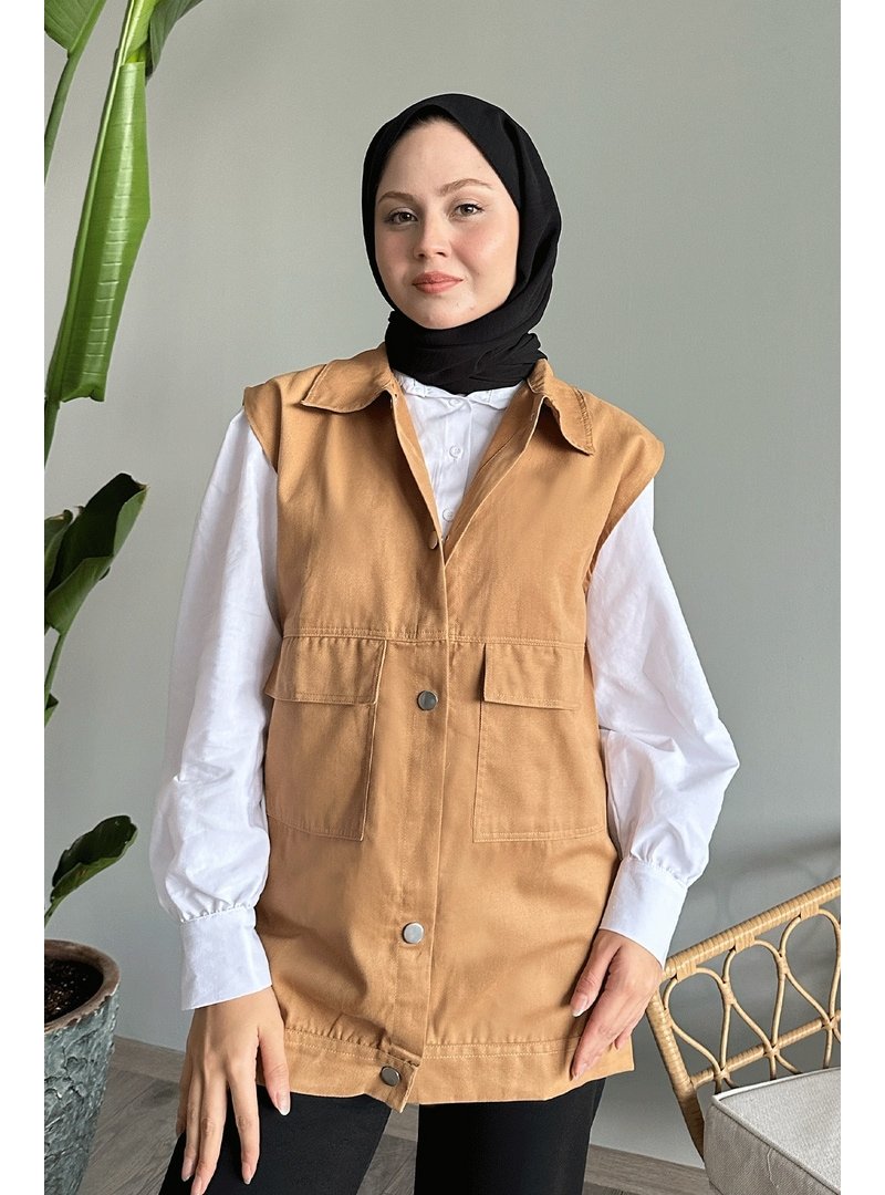 InStyle Kapak Cepli Gabardin Camel Yelek