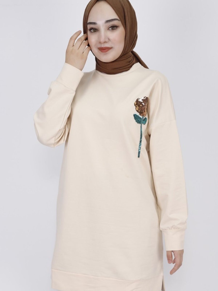 Butik Bej İp Kumaş Pul İşleme Detaylı Sweatshirt