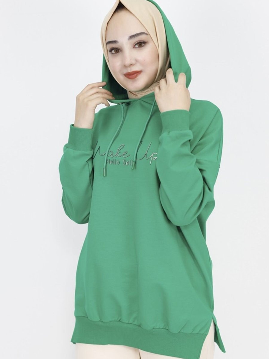 Butik Yeşil İp Kumaş Yazı Baskılı Kapüşonlu Sweatshirt