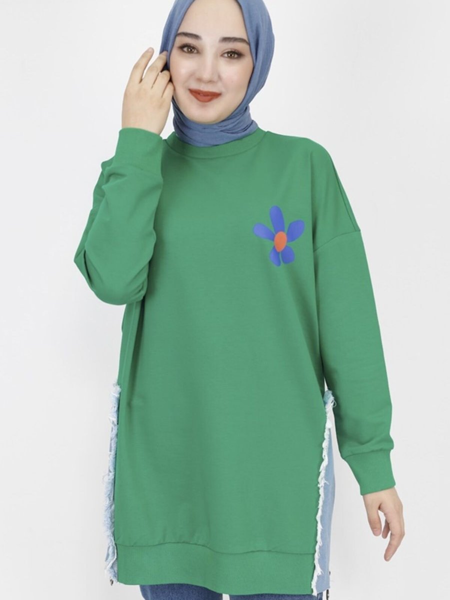 Butik Yeşil İp Kumaş Kot Garnili Ve Baskılı Sweatshirt