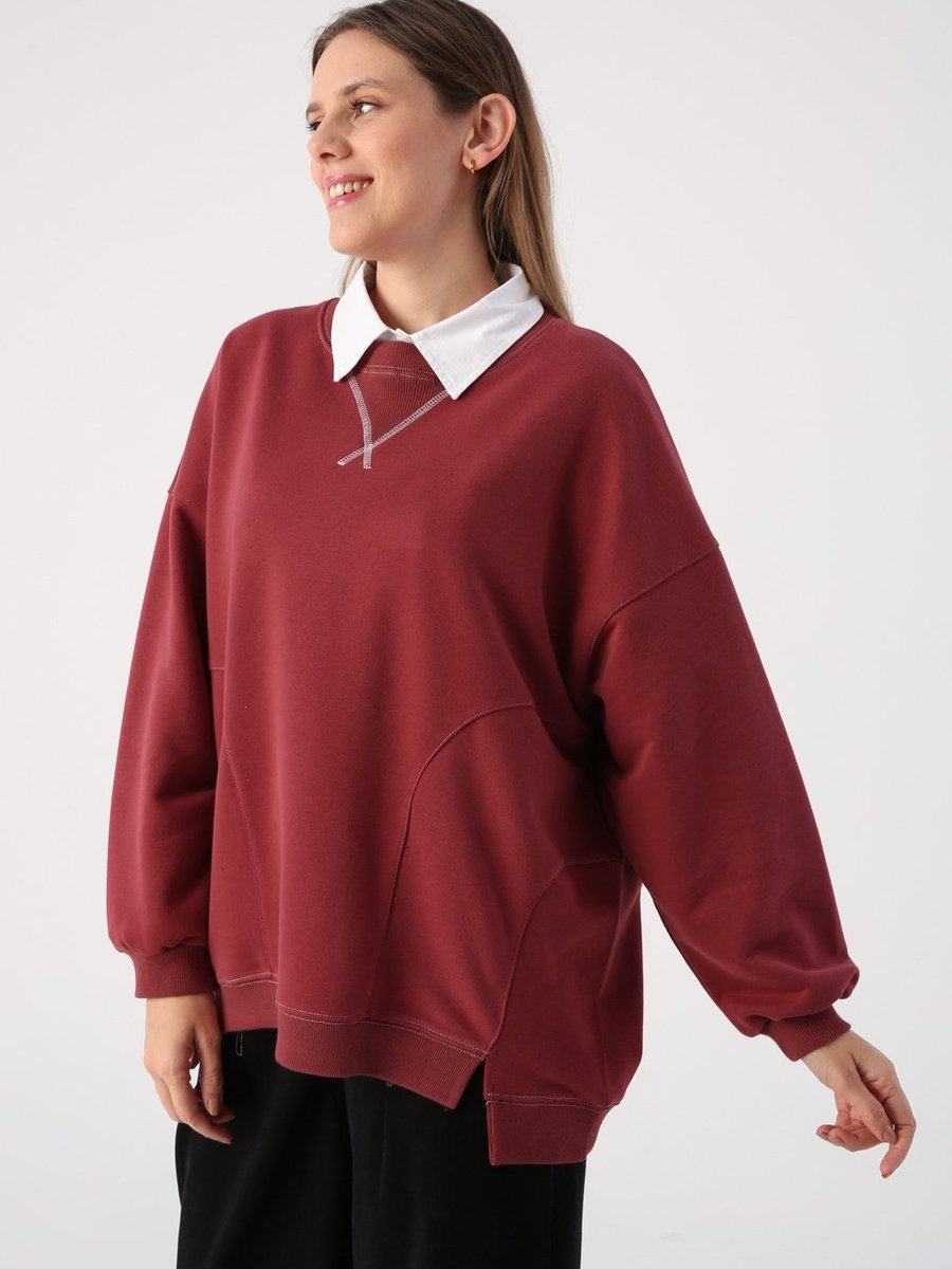 Allday Bordo Oversize Kontrast Dikiş Detaylı Sweatshirt