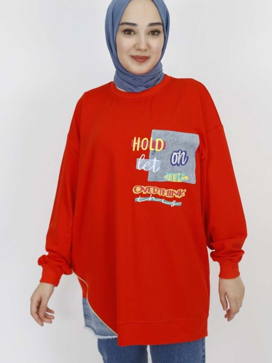 Butik Oranj Nakış Detaylı İp Kumaş Sweatshirt