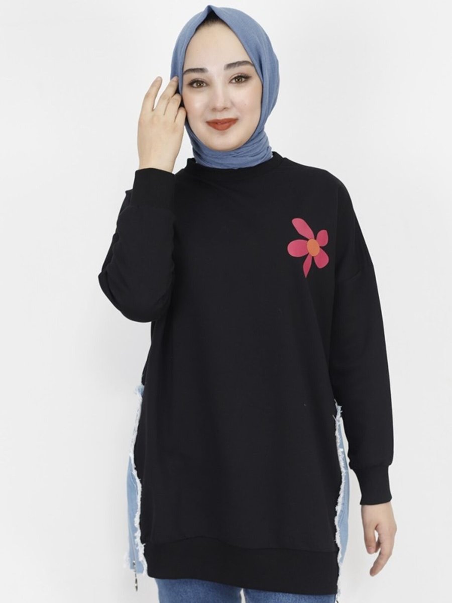 Butik Siyah İp Kumaş Kot Garnili Ve Baskılı Sweatshirt