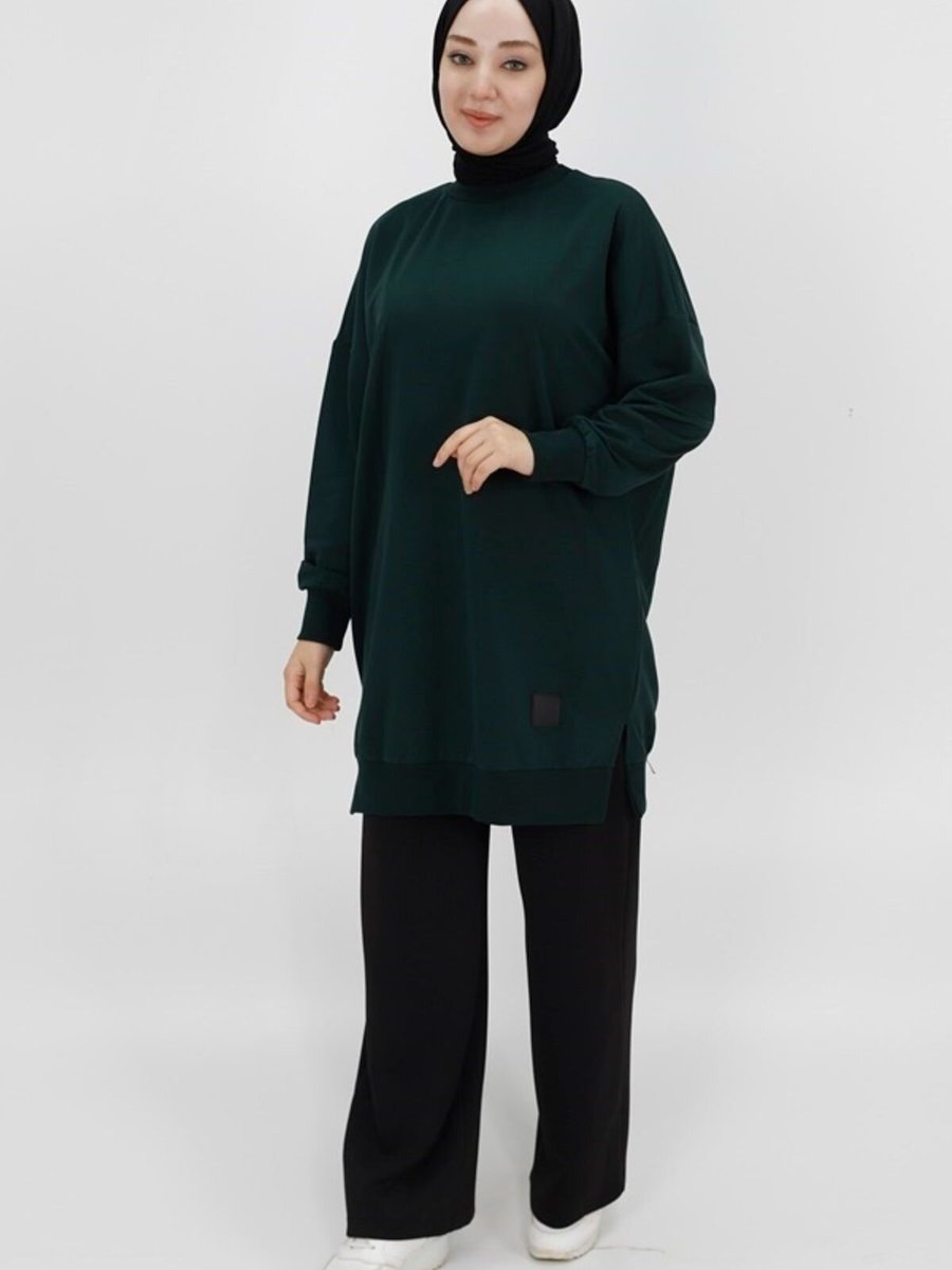 Puane Haki İki İp Kumaş Basic Tunik Sweatshirt