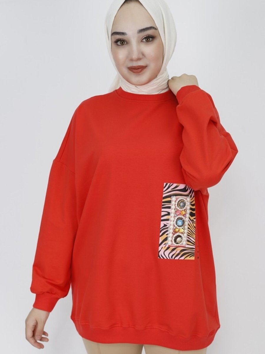 Butik Oranj İp Kumaş İnci Ve Baskı Detaylı Oversize Sweatshirt