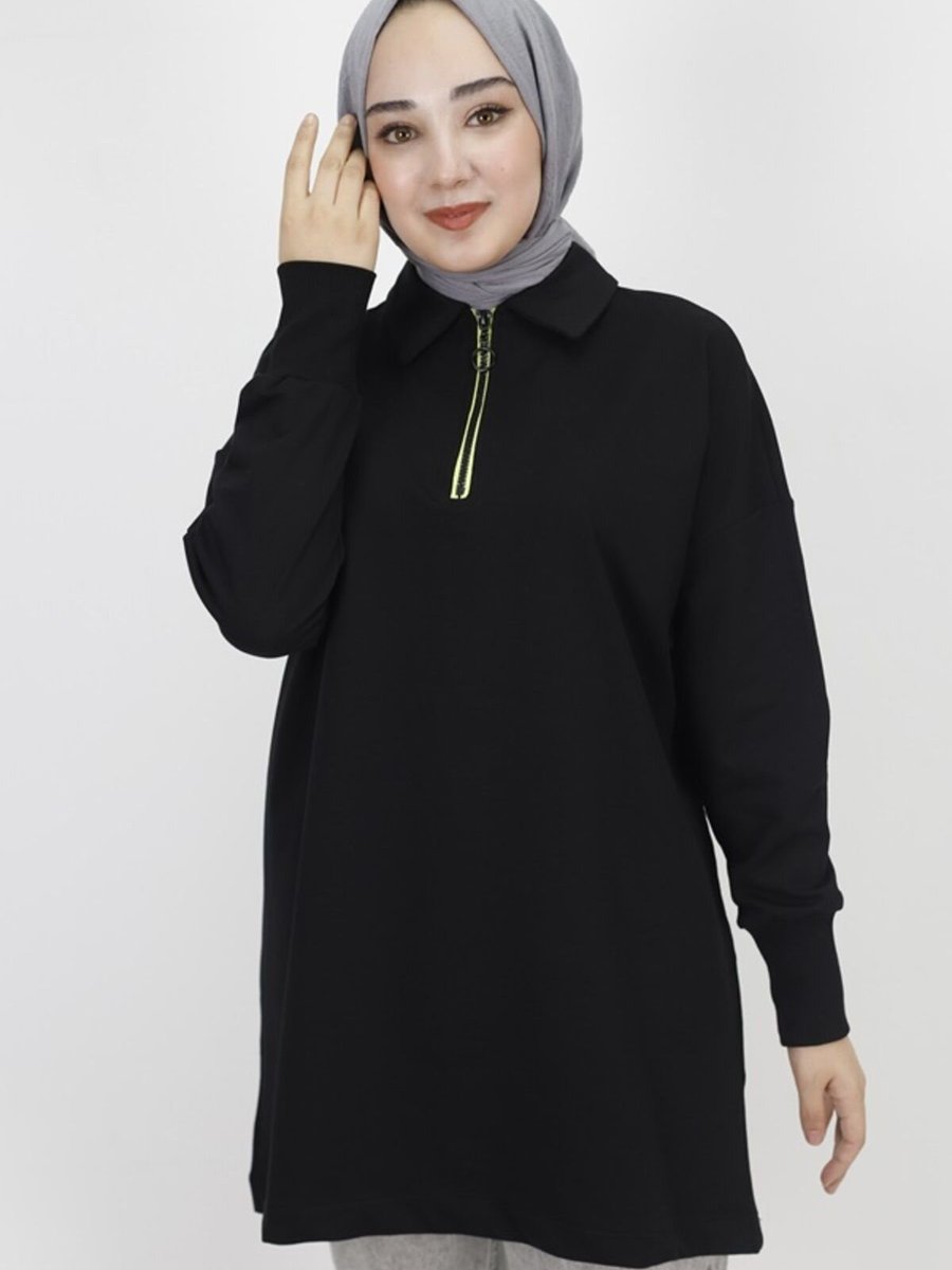 Butik Siyah İp Kumaş Yaka Fermuar Detaylı Sweatshirt