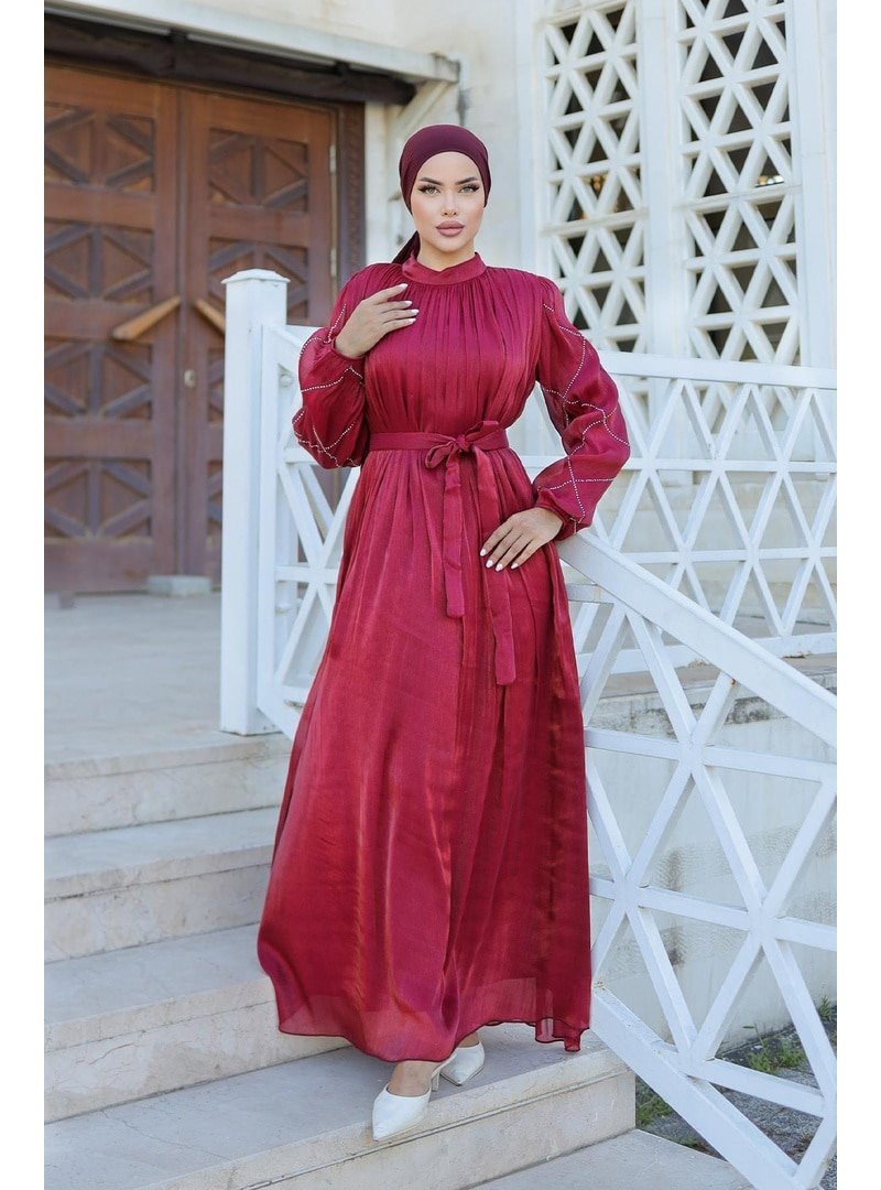 Hakimoda Bordo Mercan Işıltı Abiye Elbise