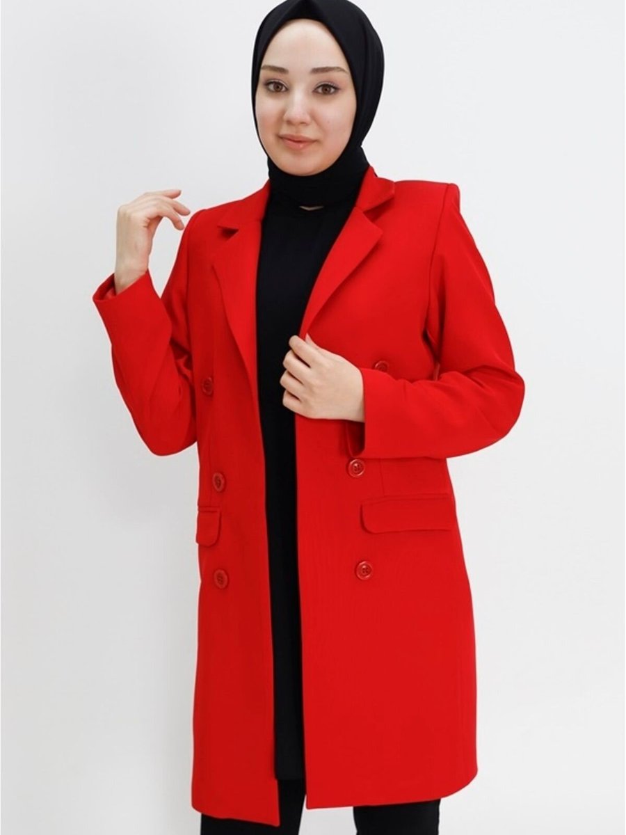 BYCOOLEST BUTİK Kırmızı Düğme Detaylı Kruvaze Yaka Blazer Ceket