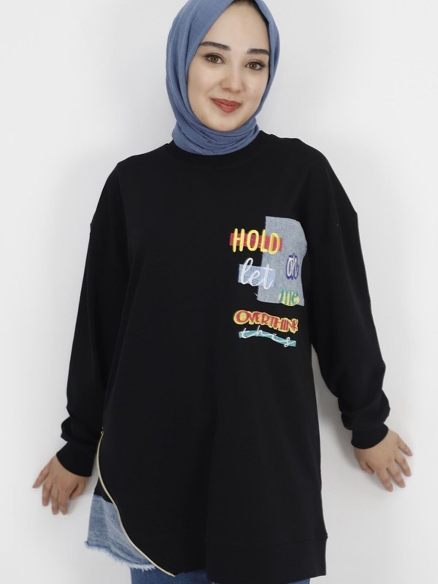 Butik Siyah Nakış Detaylı İp Kumaş Sweatshirt