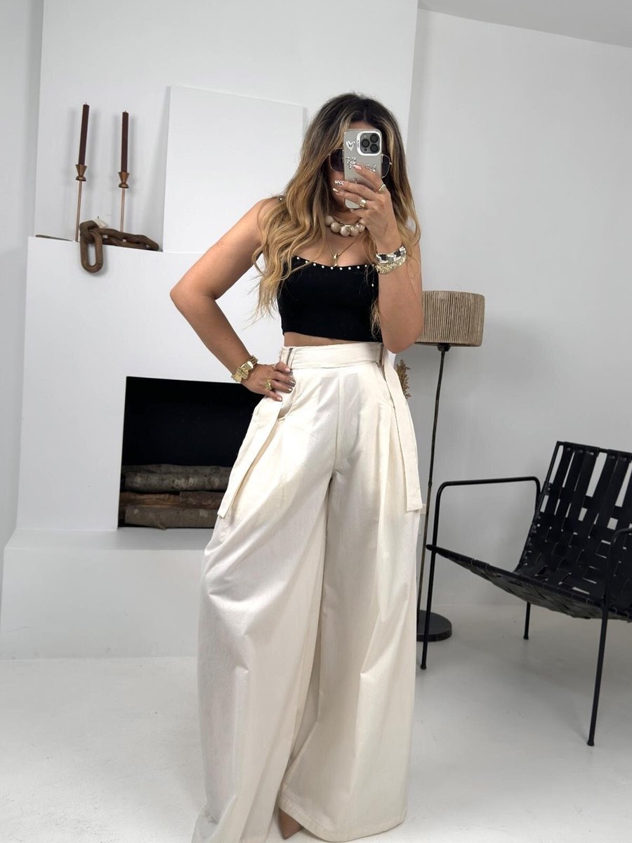 Sohotique By P Krem Wide Leg Paça Kemerli Pantolon