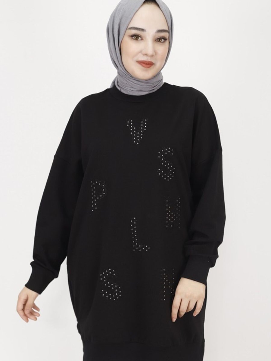 Puane Siyah İp Kumaş Taş Baskılı Sweatshirt