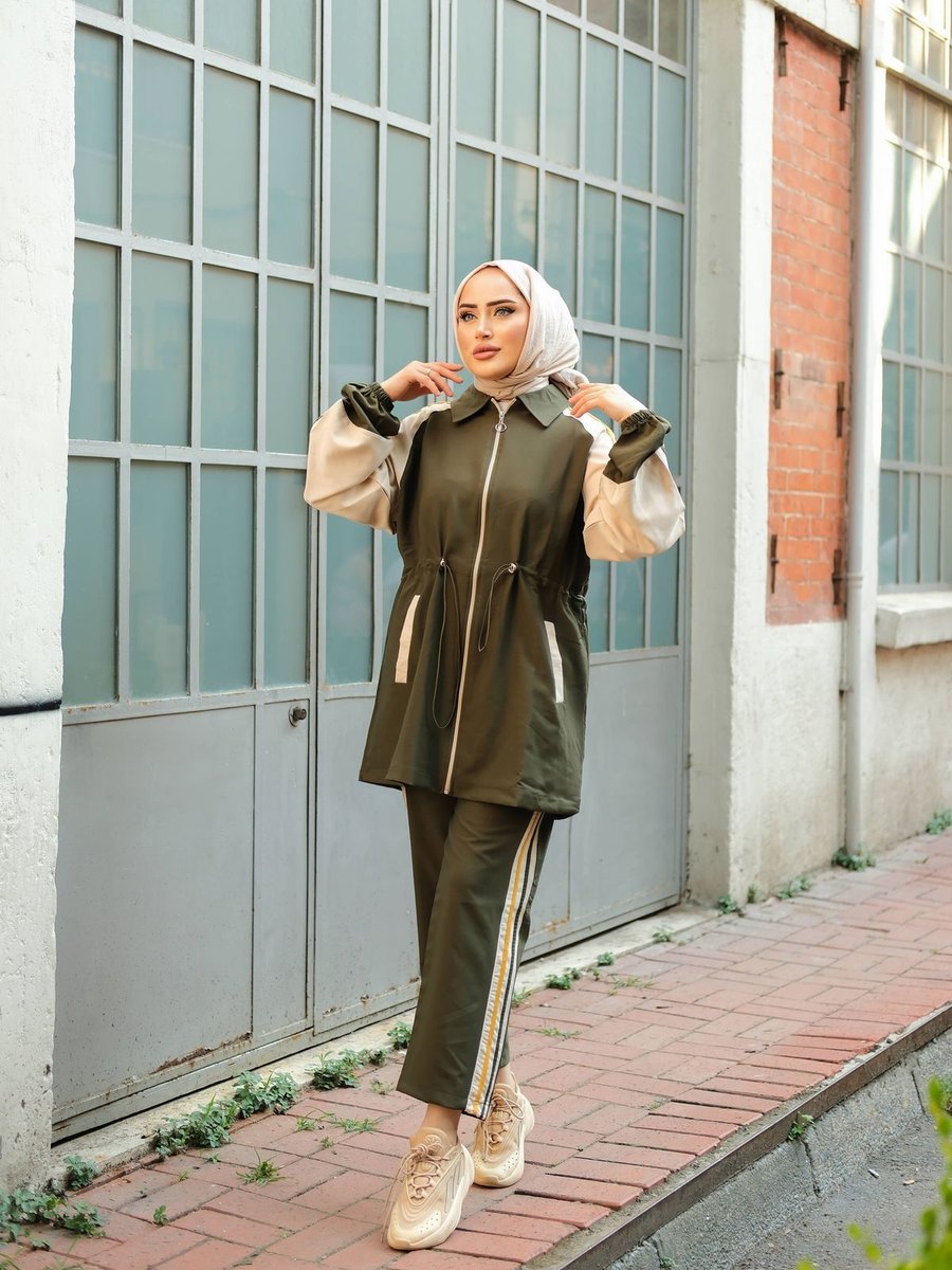 Mimi Luxury Wear Eşofman Takımı Fermuarlı Tunik Pantolon Haki