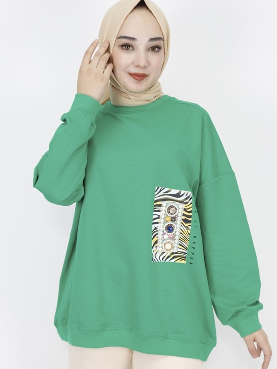 Butik Yeşil İp Kumaş İnci Ve Baskı Detaylı Oversize Sweatshirt