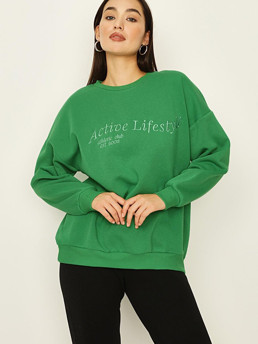 Select Moda Yeşil Yazı Detaylı Basic Örme Sweatshirt