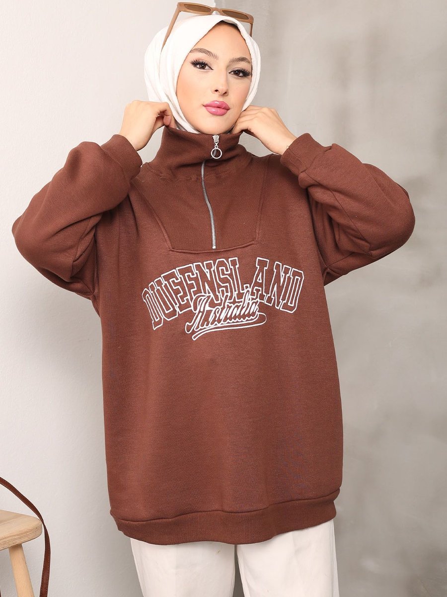 İmajbutik Kahverengi Yaka Fermuarlı Üç İplik Şardonlu Sweatshirt