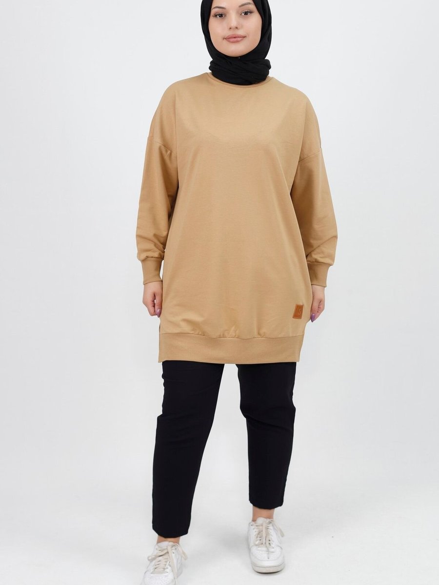 Puane Camel Iki İplik Kumaş Basic Tunik Sweatshirt