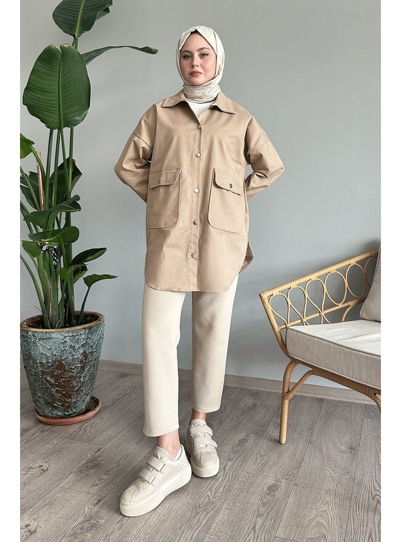 InStyle Oversize Gabardin Krem Ceket