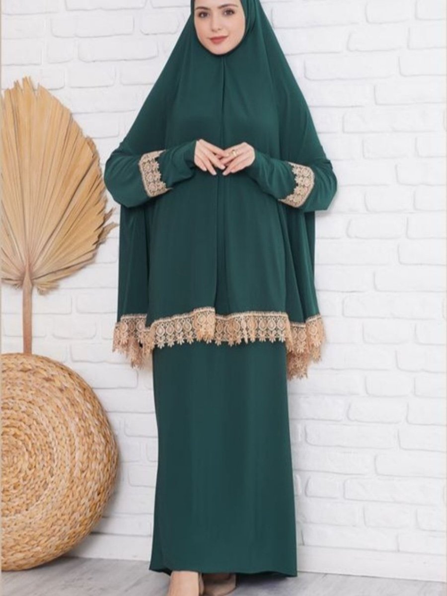 Moda Asse Dantelli Namaz Elbisesi Zümrüt Yeşili