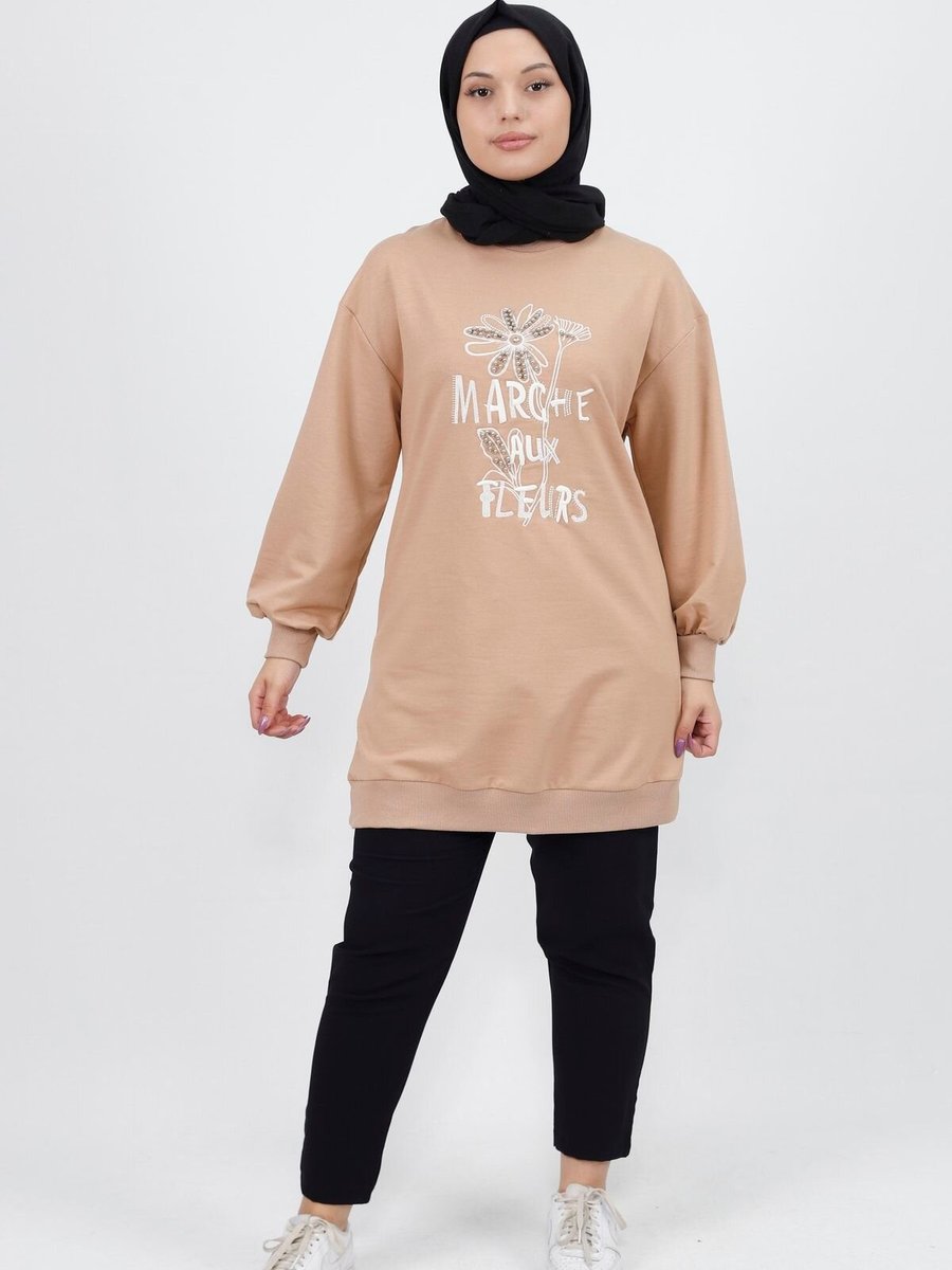 Bwest Bej İnci Ve Nakış Detaylı İplik Kumaş Sweatshirt