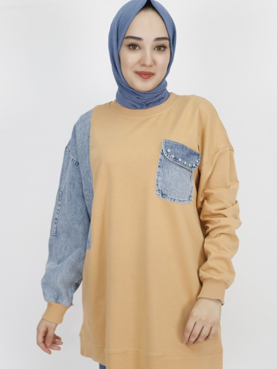 Butik Camel Kot Cep Detaylı İp Kumaş Sweatshirt