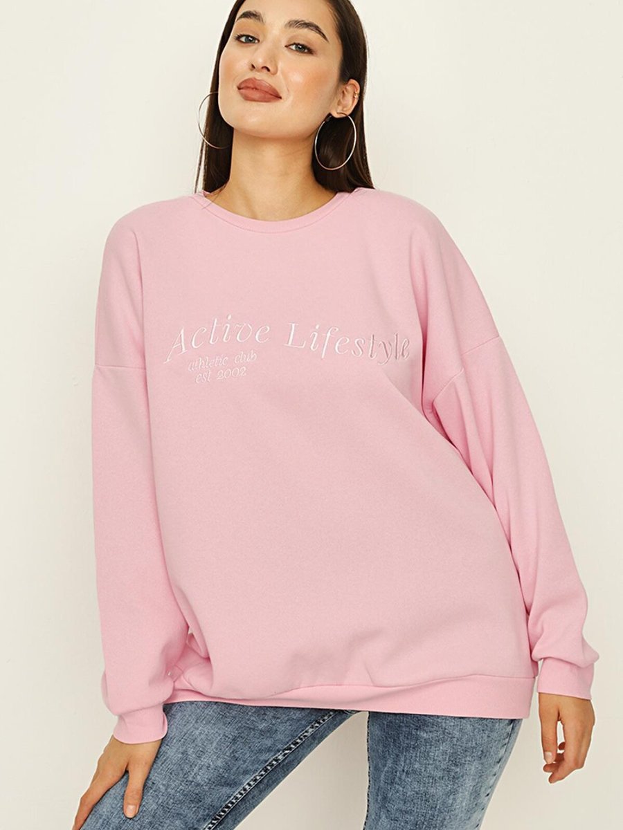 Select Moda Pembe Yazı Detaylı Basic Örme Sweatshirt