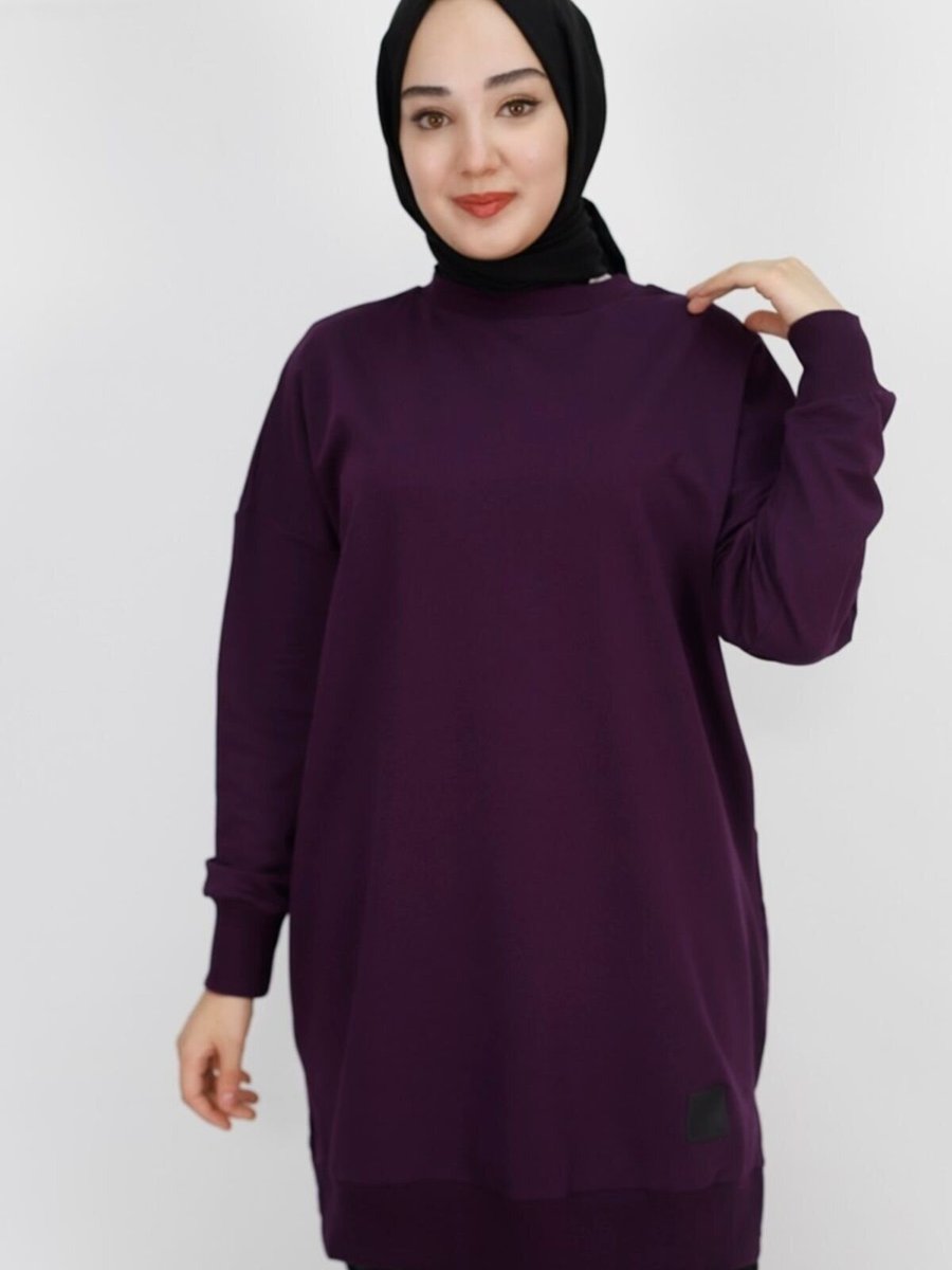 Puane Mor Iki İplik Kumaş Basic Tunik Sweatshirt