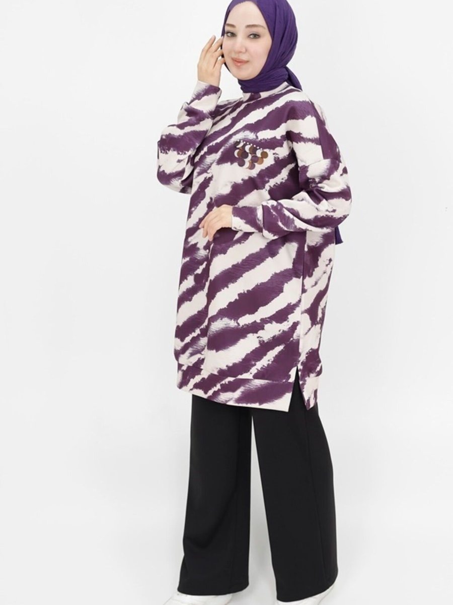 Puane Mor Scuba Kumaş Zebra Desenli Sweatshirt