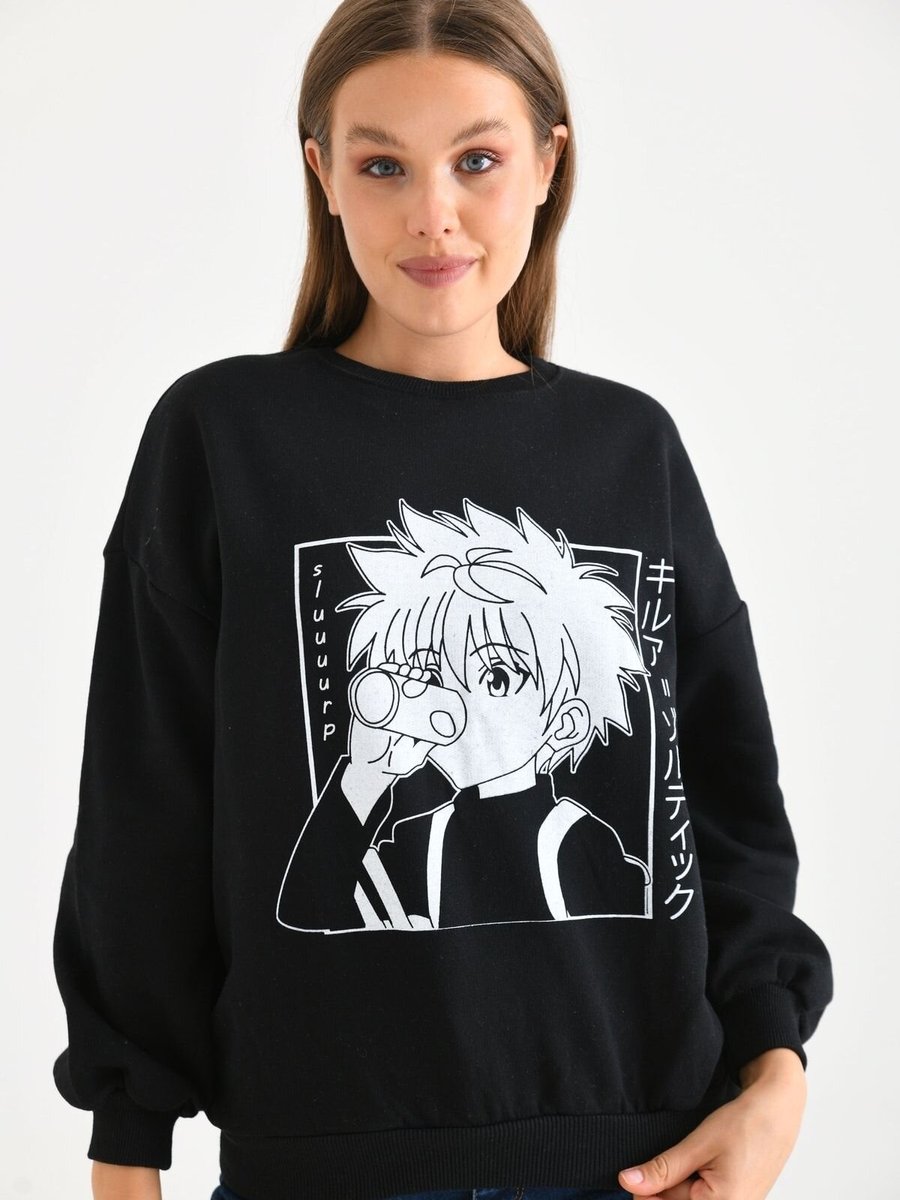 VOLT CLOTHİNG Siyah Anime Baskılı Bisiklet Yaka Sweatshirt