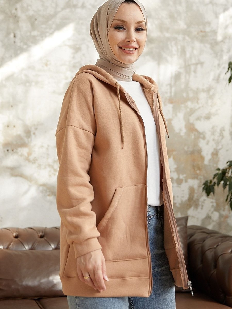 Instyle Alena Cepli Fermuarlı Polarlı Sweatshirt Camel