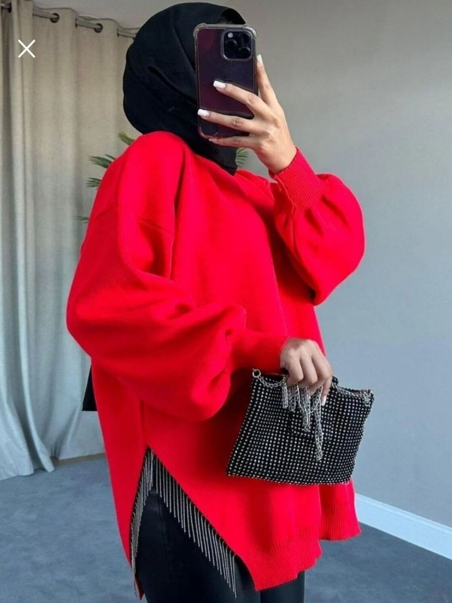 SFG Life Moda Kırmızı Bisiklet Yaka Yırtmaç Taşlı Balon Kollu Oversize Triko Tunik