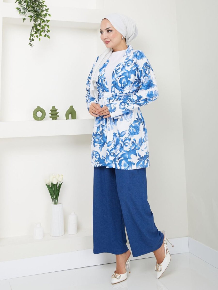 VOLT CLOTHİNG Mavi Çiçek Desenli Kapamasız Kuşaklı Kimono Takım